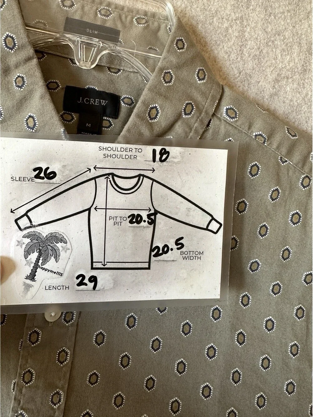 J Crew Slim Fit 100% Cotton Button Shirt Men's Medium Olive Geometric Diamond
